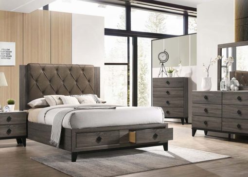 Acme Avantika Fabric & Rustic Gray Oak EK Bed with Storage