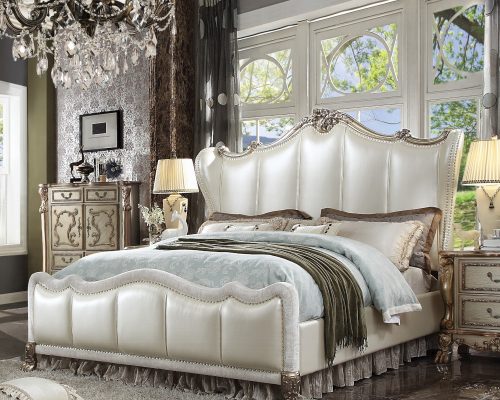 Acme Dresden II Pearl White Synthetic Leather & Gold Patina Bed