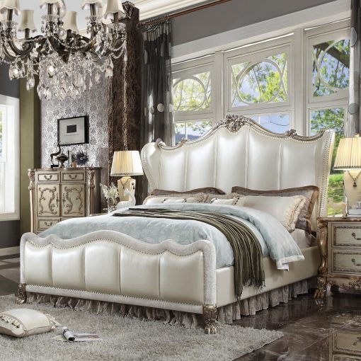Acme Dresden II Pearl White Synthetic Leather & Gold Patina Bed