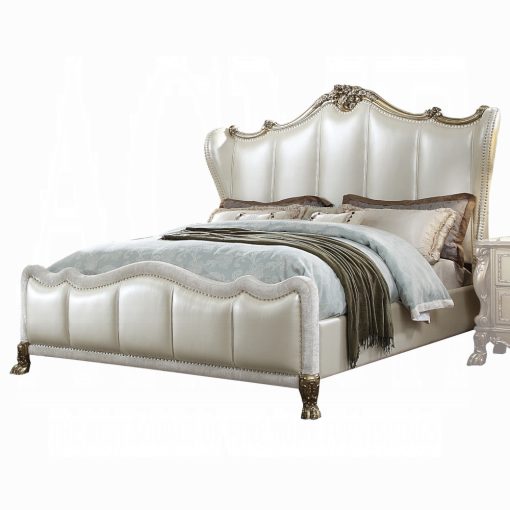 Acme Dresden II Pearl White Synthetic Leather & Gold Patina Bed - Image 3
