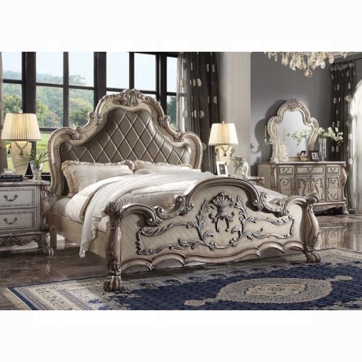 Acme Dresden Vintage Bone White & Synthetic Leather Bed