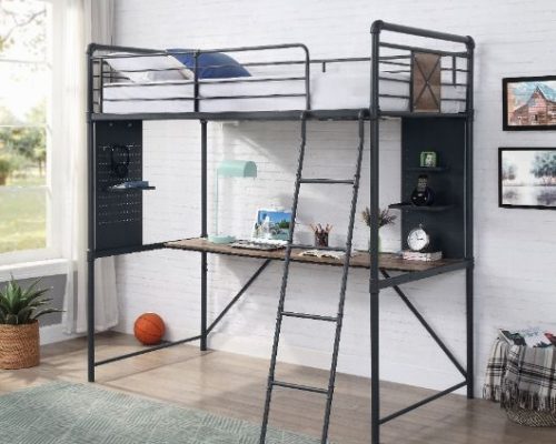 Acme Cordelia Antique Oak Sandy Black & Dark Bronze Hand-Brushed Twin Loft Bed with Desk