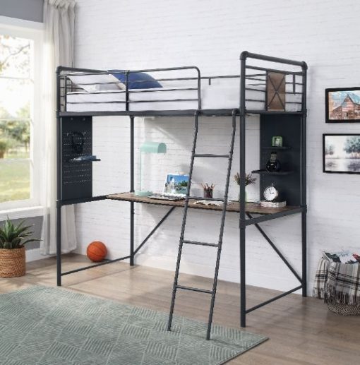 Acme Cordelia Antique Oak Sandy Black & Dark Bronze Hand-Brushed Twin Loft Bed with Desk