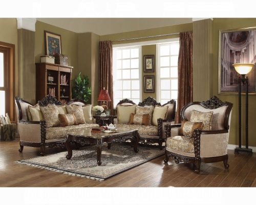Acme Devayne Pattern Fabric & Dark Walnut Sofa with 6 Pillows