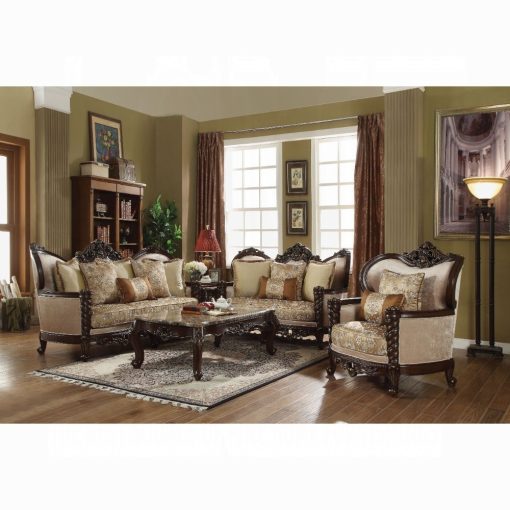 Acme Devayne Pattern Fabric & Dark Walnut Sofa with 6 Pillows