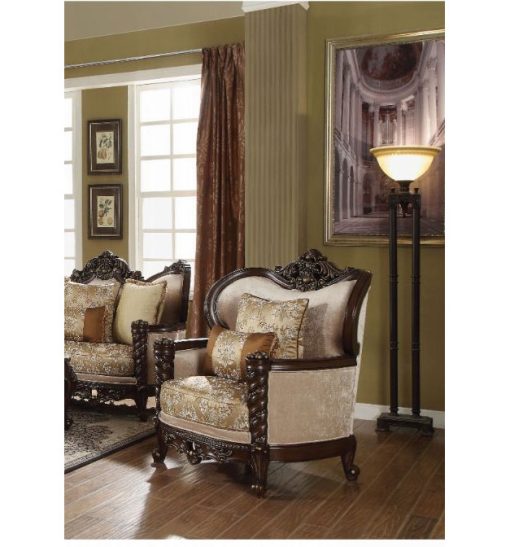 Acme Devayne Pattern Fabric & Dark Walnut Chair with 2 Pillows