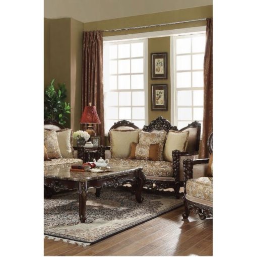 Acme Devayne Pattern Fabric & Dark Walnut Loveseat with 4 Pillows