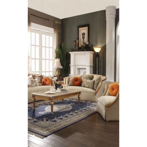 Acme Daesha Tan Flannel & Antique Gold Loveseat with 5 Pillows