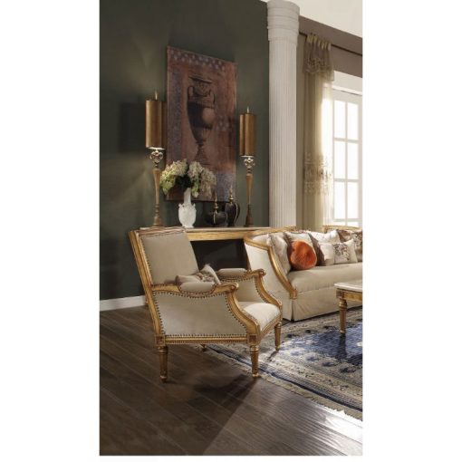 Acme Daesha Tan Flannel & Antique Gold Chair with Pillow