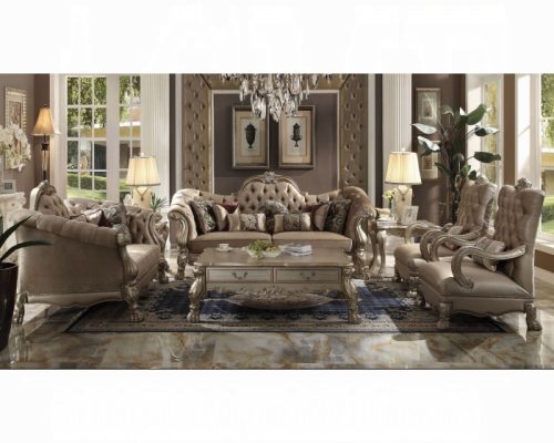 Acme Dresden Bone Velvet & Gold Patina Sofa with 7 Pillows