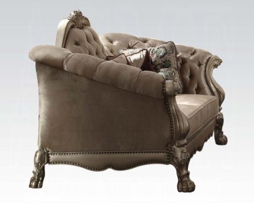 Acme Dresden Bone Velvet & Gold Patina Loveseat with 5 Pillows