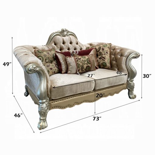 Acme Dresden Bone Velvet & Gold Patina Loveseat with 5 Pillows - Image 2