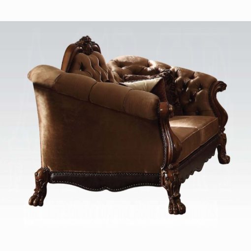 Acme Dresden Golden Brown Velvet & Cherry Oak Loveseat with 5 Pillows