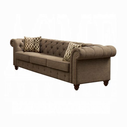 Acme Aurelia Brown Linen Sofa with 2 Pillows - Image 2