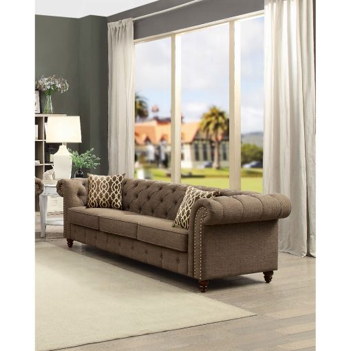 Acme Aurelia Brown Linen Sofa with 2 Pillows