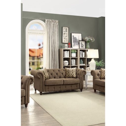 Acme Aurelia Brown Linen Loveseat with 2 Pillows