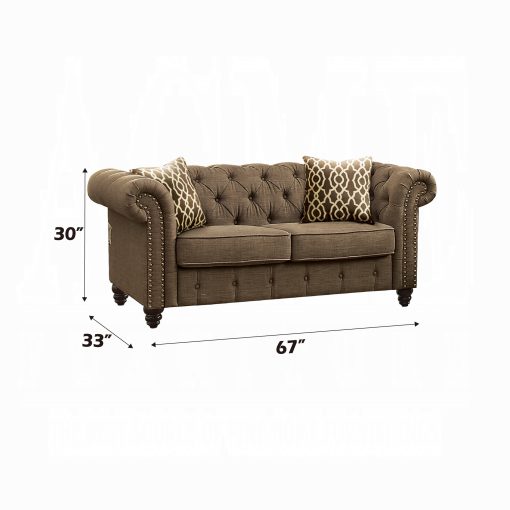 Acme Aurelia Brown Linen Loveseat with 2 Pillows - Image 3