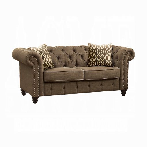 Acme Aurelia Brown Linen Loveseat with 2 Pillows - Image 2
