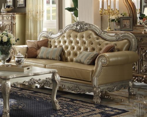 Acme Dresden Bone Synthetic Leather & Gold Patina Sofa with 4 Pillows