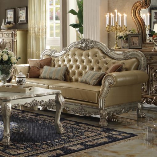 Acme Dresden Bone Synthetic Leather & Gold Patina Sofa with 4 Pillows