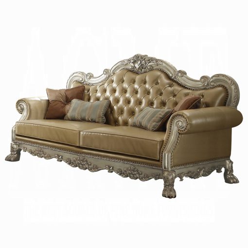 Acme Dresden Bone Synthetic Leather & Gold Patina Sofa with 4 Pillows - Image 2