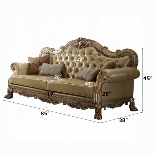 Acme Dresden Bone Synthetic Leather & Gold Patina Sofa with 4 Pillows - Image 4