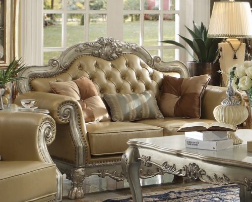 Acme Dresden Bone Synthetic Leather & Gold Patina Loveseat with 3 Pillows