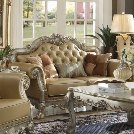 Acme Dresden Bone Synthetic Leather & Gold Patina Loveseat with 3 Pillows