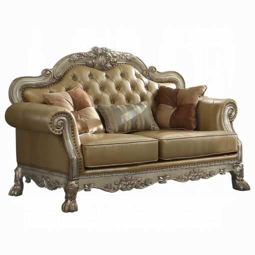 Acme Dresden Bone Synthetic Leather & Gold Patina Loveseat with 3 Pillows - Image 2