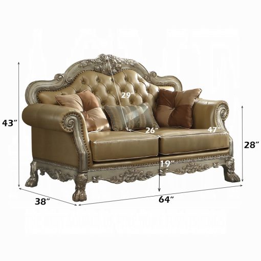 Acme Dresden Bone Synthetic Leather & Gold Patina Loveseat with 3 Pillows - Image 4