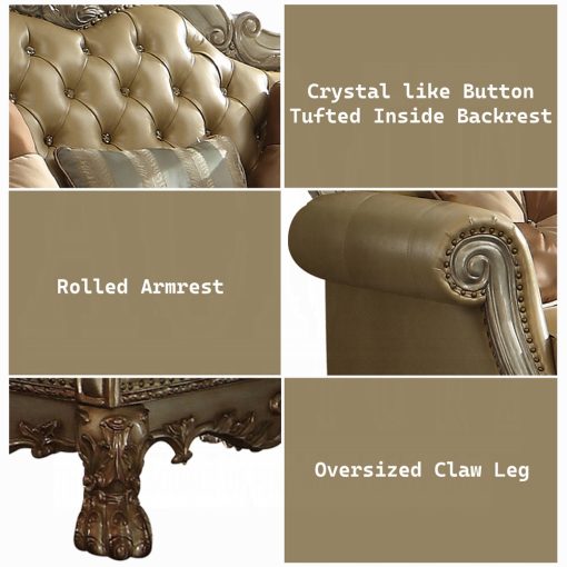 Acme Dresden Bone Synthetic Leather & Gold Patina Loveseat with 3 Pillows - Image 5