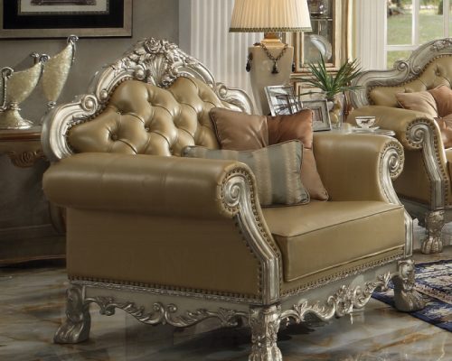 Acme Dresden Bone Synthetic Leather & Gold Patina Chair with 2 Pillows
