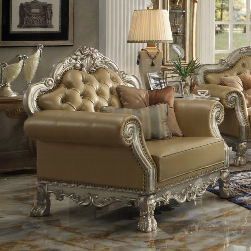 Acme Dresden Bone Synthetic Leather & Gold Patina Chair with 2 Pillows
