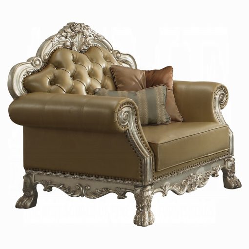 Acme Dresden Bone Synthetic Leather & Gold Patina Chair with 2 Pillows - Image 2