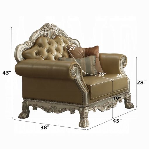 Acme Dresden Bone Synthetic Leather & Gold Patina Chair with 2 Pillows - Image 4