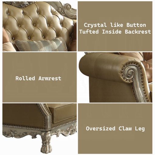 Acme Dresden Bone Synthetic Leather & Gold Patina Chair with 2 Pillows - Image 5