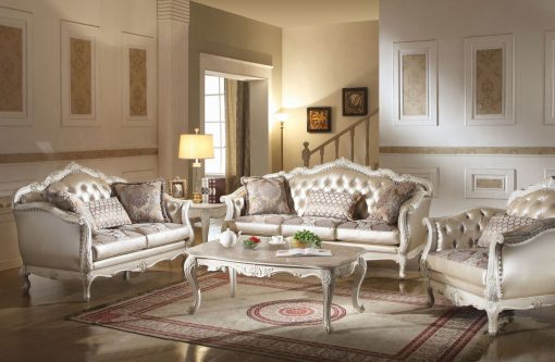 Acme Chantelle Rose Gold Synthetic Leather /Fabric & Pearl White Sofa with 3 Pillows - Image 4