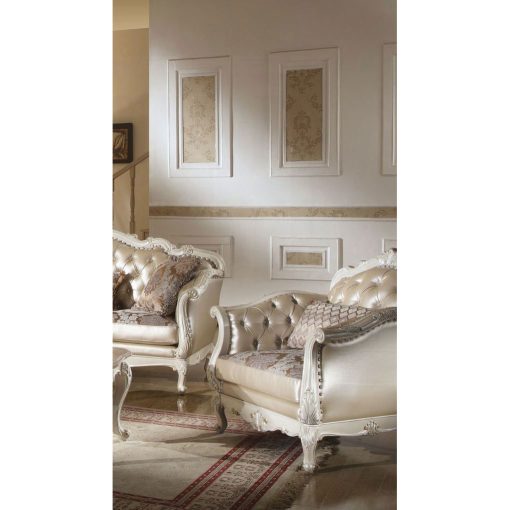 Acme Chantelle Rose Gold Synthetic Leather /Fabric & Pearl White Chair with Pillow
