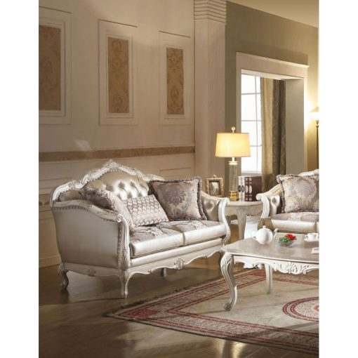 Acme Chantelle Rose Gold Synthetic Leather /Fabric & Pearl White Loveseat with 3 Pillows