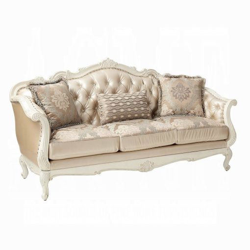 Acme Chantelle Rose Gold Synthetic Leather /Fabric & Pearl White Sofa with 3 Pillows - Image 2