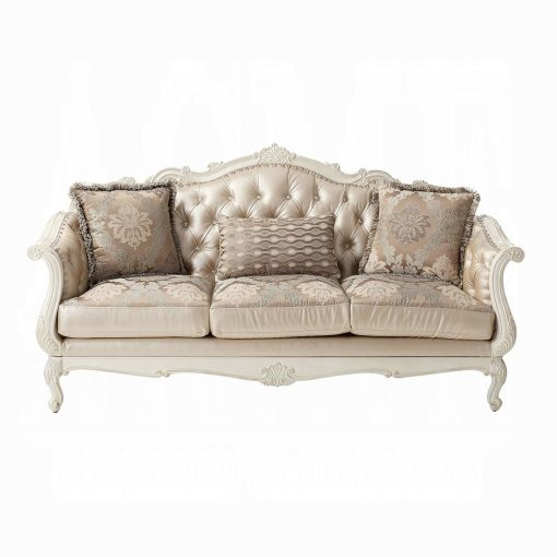 Acme Chantelle Rose Gold Synthetic Leather /Fabric & Pearl White Sofa with 3 Pillows - Image 3