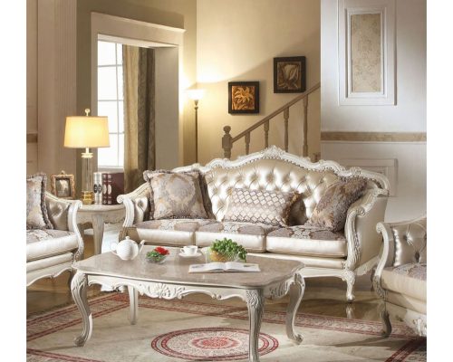 Acme Chantelle Rose Gold Synthetic Leather /Fabric & Pearl White Sofa with 3 Pillows