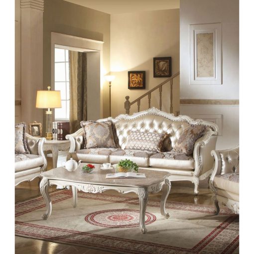 Acme Chantelle Rose Gold Synthetic Leather /Fabric & Pearl White Sofa with 3 Pillows