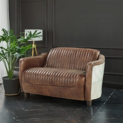 Acme Brancaster Retro Brown Top Grain Leather & Aluminum Loveseat