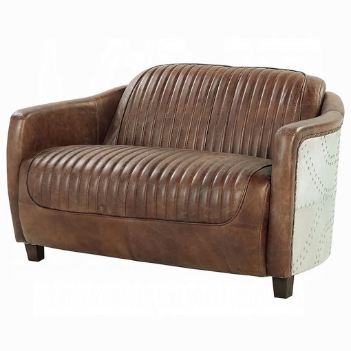 Acme Brancaster Retro Brown Top Grain Leather & Aluminum Loveseat - Image 2