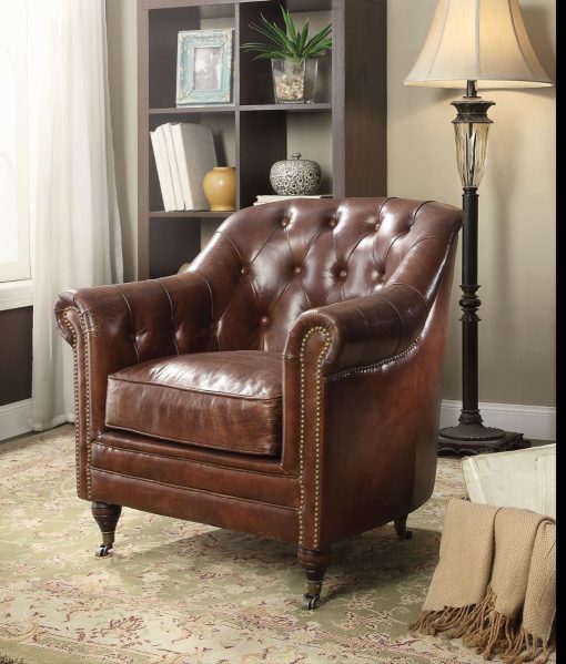 Acme Aberdeen Vintage Dark Brown Top Grain Leather Accent Chair