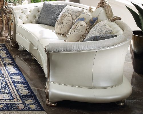 Acme Dresden II Pearl Synthetic Leather & Gold Patina Sofa with 7 Pillows