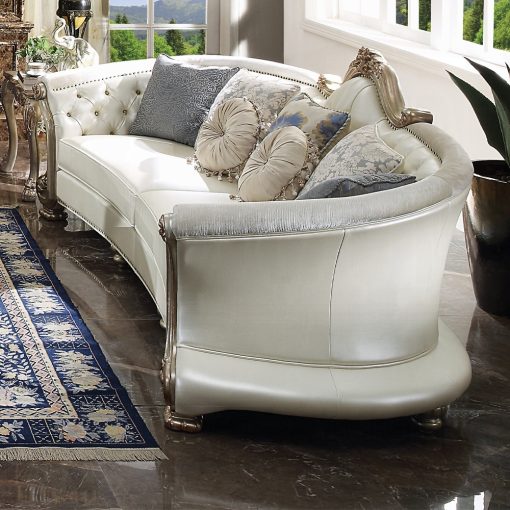 Acme Dresden II Pearl Synthetic Leather & Gold Patina Sofa with 7 Pillows