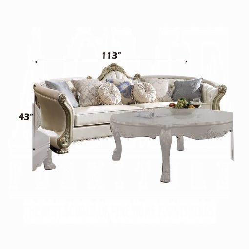 Acme Dresden II Pearl Synthetic Leather & Gold Patina Sofa with 7 Pillows - Image 5