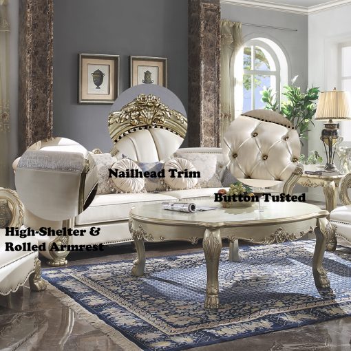 Acme Dresden II Pearl Synthetic Leather & Gold Patina Sofa with 7 Pillows - Image 6